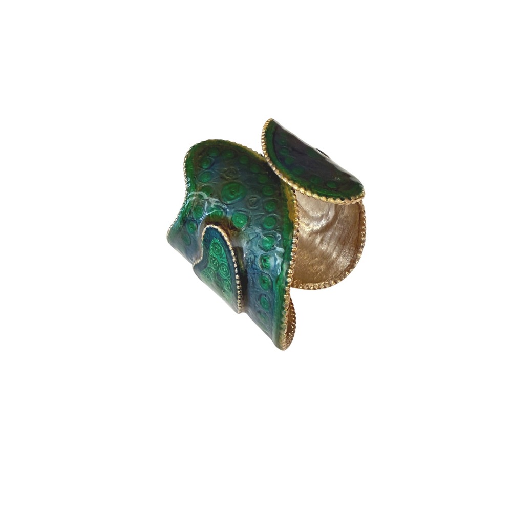 Green Blue Enamel Paisley Hinged Cuff Bracelet Gold Tone Statement Wide Band
